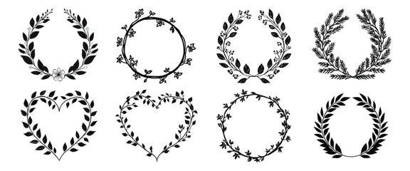 Elegant floral wreath designs isolated illustration, vector set