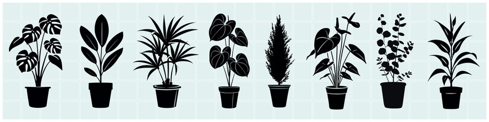 Silhouettes of potted plants, isolated vector set