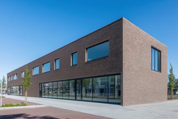 Modern architectural building featuring a sleek brick facade and large glass windows in a spacious urban environment under a clear blue sky