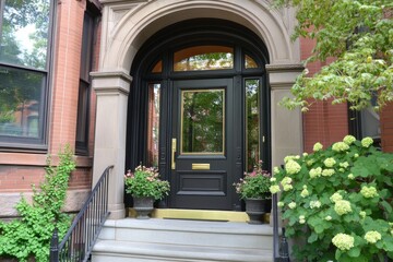 Front entrance of a historic brownstone building featuring a black door, ornamental archway, and lush greenery in full bloom during summer