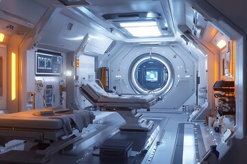 Futuristic medical facility interior with advanced equipment.
