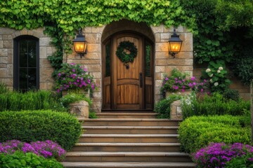 Fototapeta premium The charming entrance of a beautiful stone house is brought to life by vibrant flowers and lush climbing greenery, all bathed in warm sunshine