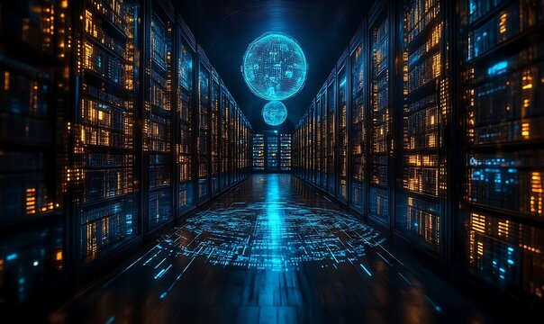 Futuristic server room with glowing orbs.