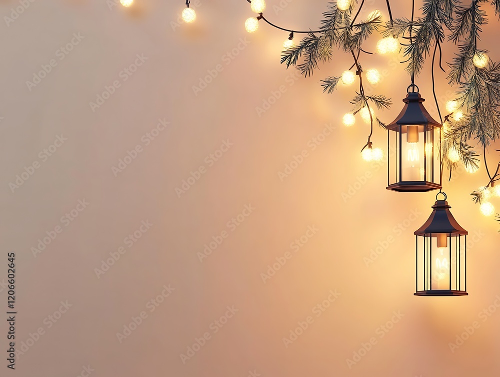 Poster festive lanterns hanging with string lights and pine branches