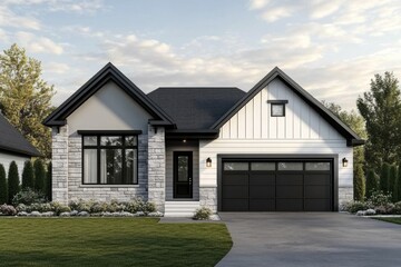 Fototapeta premium Modern single-story house in a serene neighborhood showcasing a blend of stone and siding, surrounded by lush greenery during golden hour