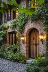 Naklejka premium Charming brick house entrance surrounded by lush greenery in an evening glow, showcasing warm lantern lights and a cozy atmosphere