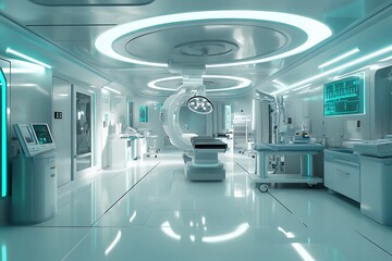 Modern surgical room with advanced medical equipment and lighting.