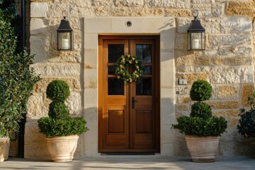 Fototapeta premium Step into a warm and inviting entrance adorned with a festive holiday wreath and vibrant greenery, all set against the picturesque backdrop of a charming stone building.