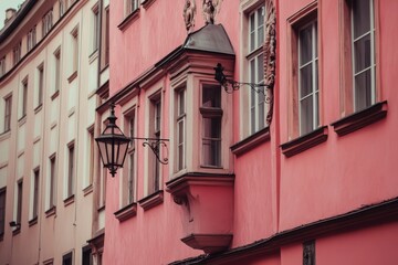 Exploring a beautifully adorned pastel building with decorative elements and vintage lanterns in a charming European street at twilight