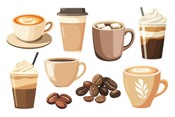 Assorted coffee beverages illustration, vector element set