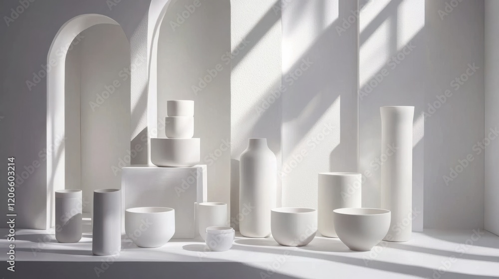 Poster a serene display of minimalist white pottery arranged on a sunlit shelf with shadows