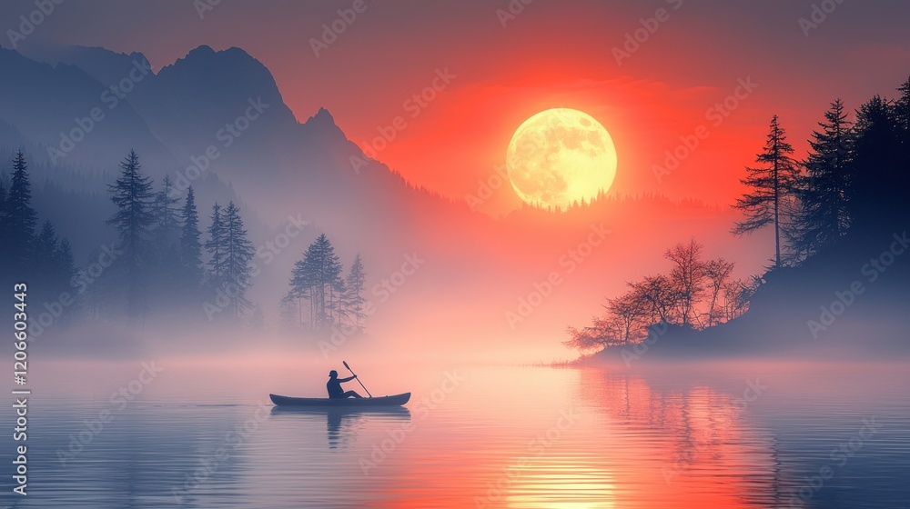 Canvas Prints Solitary Figure Rowing on a Misty Lake at Dawn under a Large Red Moon or Sun