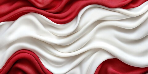 Red and white fabric flows elegantly, creating soft waves that symbolize national identity and unity. The colors blend harmoniously, showcasing cultural significance
