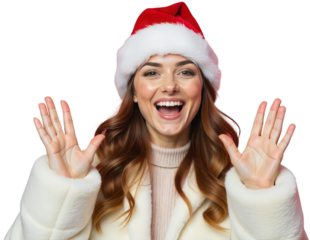 A woman wearing a Santa hat and a white furry coat smiling on transparent background
