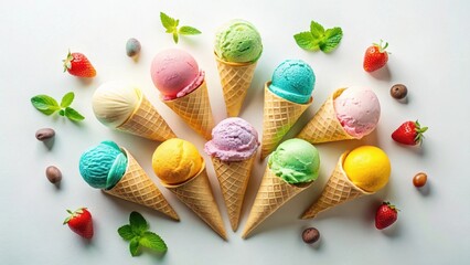 A delightful arrangement of colorful ice cream cones, adorned with fresh strawberries and mint leaves, creates a vibrant and appetizing summer scene.