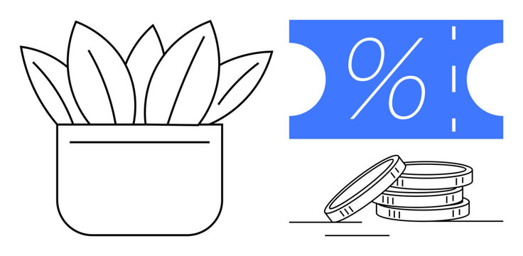 Houseplant in pot, discount coupon with percentage symbol, stacked coins. Ideal for eco-friendly finance, savings, investment, sustainability, discounts financial growth green living. Abstract line
