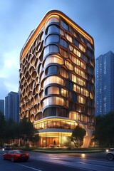 Modern hotel building at night.