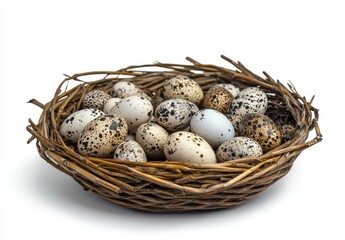 Obraz premium Bird nest filled with speckled eggs.