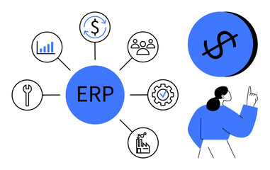 Central ERP circle connected to economy, graph, team, cog, wrench, and factory icons. Person pointing to larger dollar circle. Ideal for business strategy, operations software finance teamwork