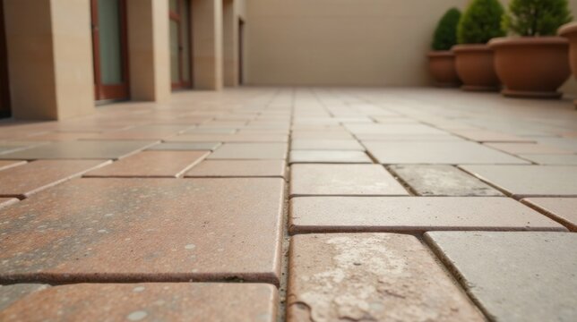 A Detailed Close-Up View of Interlocking Paving Stones on a Patio, Featuring Subtle Variations in Color and Texture, with Blurred Background of Building and Planters