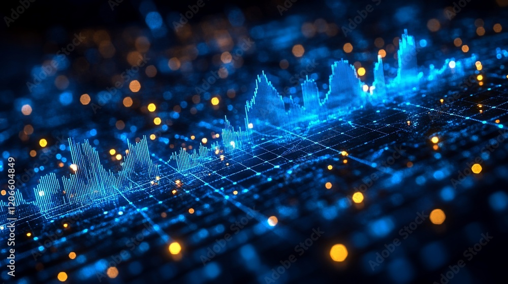 Poster abstract blue glowing financial graph data visualization.