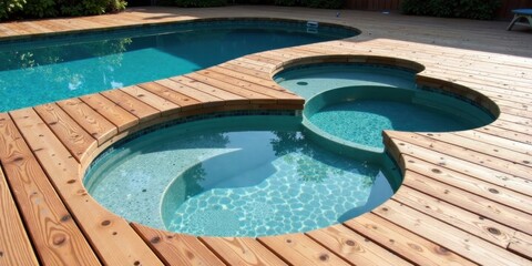 Relaxing Backyard Oasis  Swimming Pool and Integrated Spa Surrounded by a Sun-Drenched Wooden Deck