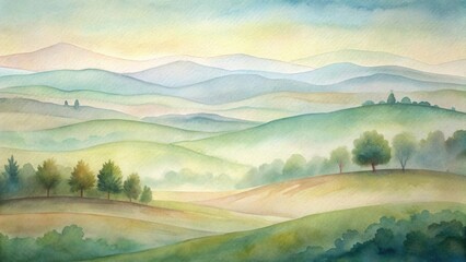 Obraz premium Serene Watercolor Landscape Depicting Rolling Hills and Misty Mountains under a Soft Sky