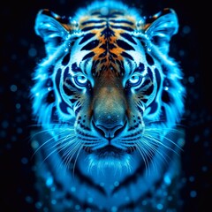 Tiger with blue eyes on dark background. 3D illustration.