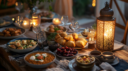 Naklejka premium Ramadan table setting for iftar featuring samosas, lentil soup, dates, and festive baklava treats.