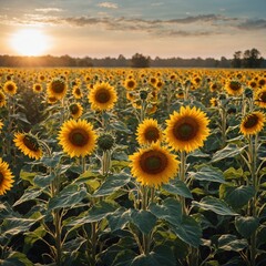 Fototapeta premium Bright yellow sunflowers facing the morning sun.