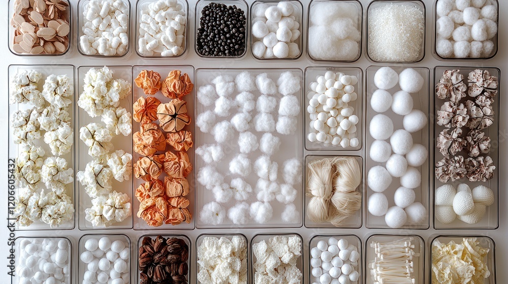 Poster organized collection of small white and beige objects in clear containers