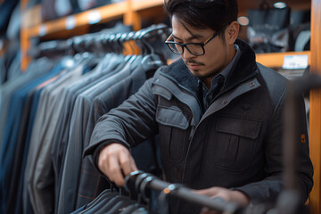 Fototapeta premium A man in glasses is looking at a rack of clothes