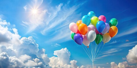 A cheerful cluster of colorful balloons ascends against a vibrant backdrop of a sunny sky, drifting amidst fluffy white clouds, creating a delightful and uplifting scene.