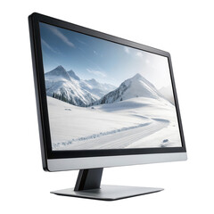 Fototapeta premium Widescreen Computer Monitor Showcasing Scenic Winter Landscape with Snow-Covered Mountains