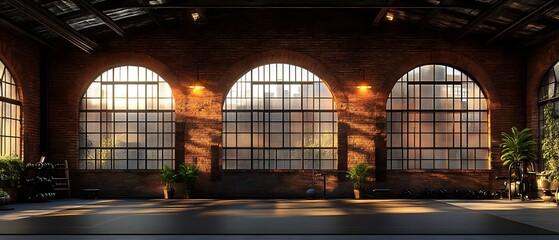 Fototapeta premium Sunlit industrial gym interior with arched windows.
