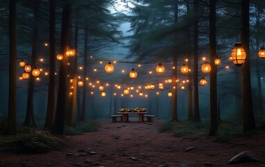 Enchanting fairy lights illuminate a foggy forest path leading to a rustic picnic table.