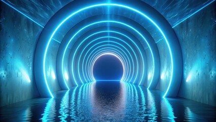 Abstract Neon Tunnel with Reflective Water Surface, Glowing Circular Lights and Dark Concrete Walls