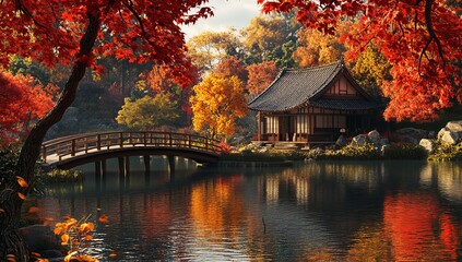 Fototapeta premium Serene autumn scene Japanese house, bridge, pond, colorful foliage.