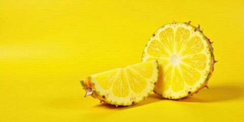 A vibrant yellow pineapple slice and wedge on a matching background, showcasing juicy citrus fruit segments