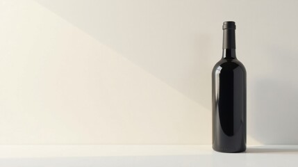 A single dark glass bottle rests on a minimalist surface, bathed in soft sunlight against a neutral backdrop.