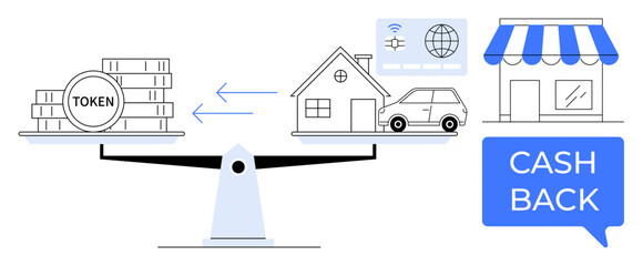 Scales balance tokens and various assets including house, car, and storefront with cashback. Ideal for digital currency, investments, economic balance, finance, real estate, consumer rewards