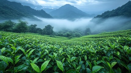 Fototapeta premium Misty Mountain Tea Plantation Sunrise (4)