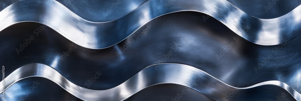 Poster curved metal sheets create a dynamic, flowing pattern with a reflective surface, showcasing industri