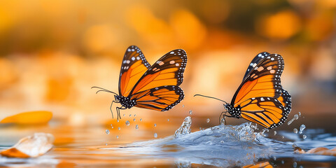 Obraz premium Monarch butterflies taking flight over tranquil water in autumn natural wildlife photography vibrant colors serene environment
