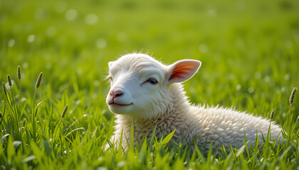 Obraz premium Adorable White Lamb Resting in Lush Green Spring Pasture