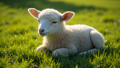 Adorable Fluffy Lamb Resting in Lush Green Spring Pasture