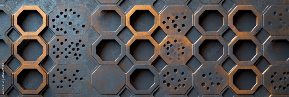 Poster textured metal panel featuring hexagonal shapes in various sizes, combining matte and glossy finishe