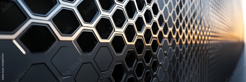 Poster abstract close-up of a hexagonal metal pattern with a reflective surface, showcasing modern design a