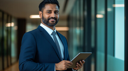 Smiling businessman holding digital tablet in modern office corridor