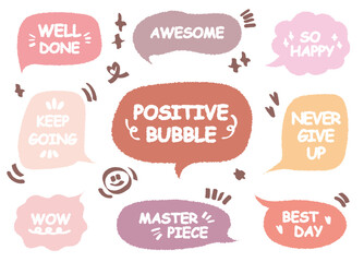 Comic style cute quote speech bubble with positive words. Set of hand drawn memo frame vector. Cartoon doodle crayon drawing cloud, box, message. Flat vector. Best, Awesome, WOW, Master, Piece, Go